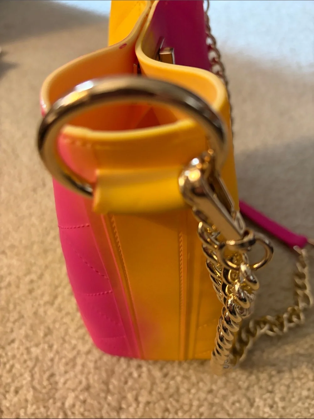 Vibrant Neon Yellow-Pink Quilted Jelly Bucket Bag With 2 Gold-Tone Chunky Straps